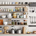 Diverse Kitchenware Assortment On Kitchen Shelves Including Cups Jars Pots And Cooking Tools