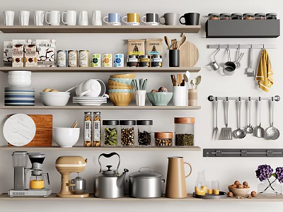 Diverse Kitchenware Assortment On Kitchen Shelves Including Cups Jars Pots And Cooking Tools 3d model
