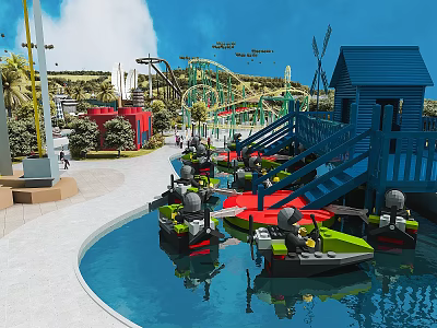 Amusement Park With Colorful Boats In Water Pool And Roller Coaster Near Blue Cabin 3d model