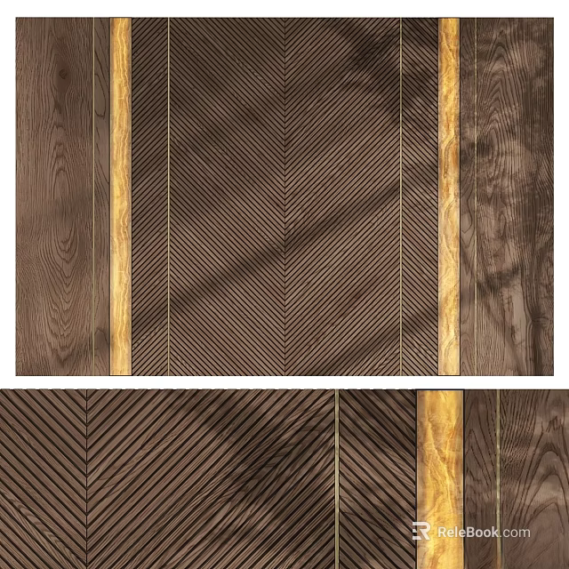 Modern Dark Wooden Accent Wall with Herringbone Pattern and Decorative Trim 3d model 