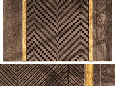 Modern Dark Wooden Accent Wall with Herringbone Pattern and Decorative Trim 3d model