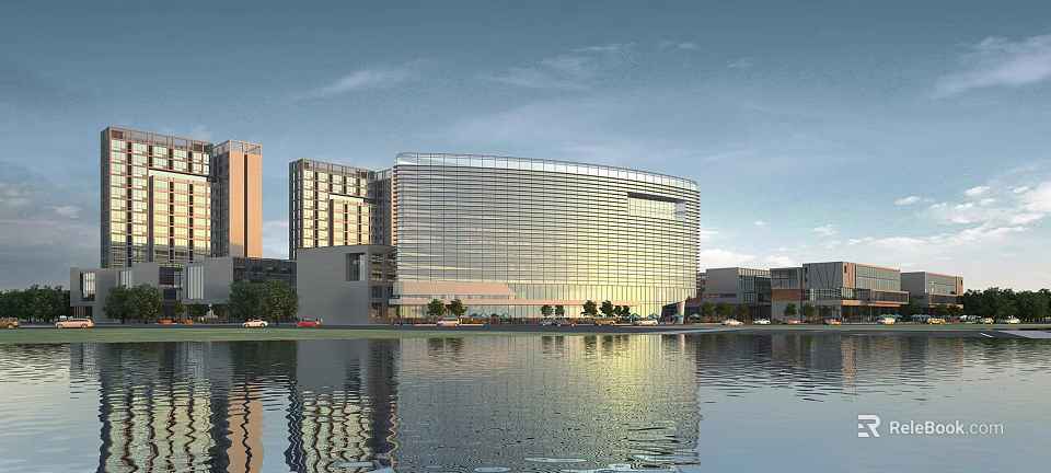 Modern Office Building With Glass Curtain Wall Waterfront Reflection And Tall Building Complex 3d model 