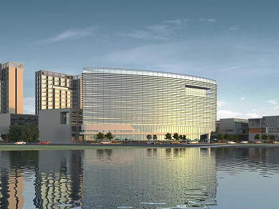 Modern Office Building With Glass Curtain Wall Waterfront Reflection And Tall Building Complex 3d model