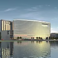 Modern Office Building With Glass Curtain Wall Waterfront Reflection And Tall Building Complex