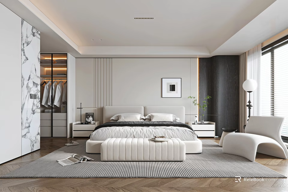 Modern Bedroom Interior Design With Large Bed Upholstered Bench Herringbone Floor And Marble Wardrobe 3d model 