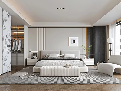 Modern Bedroom Interior Design With Large Bed Upholstered Bench Herringbone Floor And Marble Wardrobe 3d model