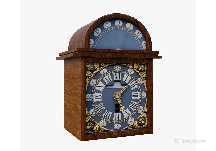 Vintage Wooden Mantel Clock With Blue Dial Roman Numerals And Golden Decorations 3d model 