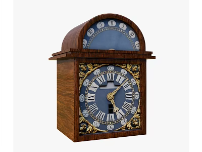 Vintage Wooden Mantel Clock With Blue Dial Roman Numerals And Golden Decorations 3d model