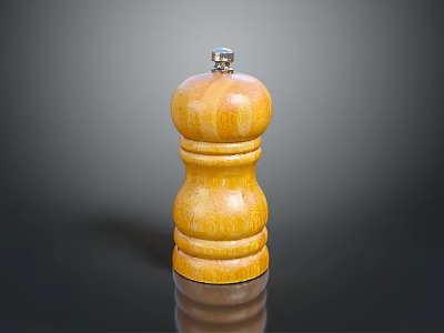 Yellow Wooden Pepper Grinder With Wood Grain And Metal Top Knob On Black Surface 3d model