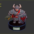 Armored Knight Holding Sword With Blue Armor Horned Helmet Red Eagle Shield And Wooden Base