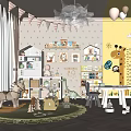 Kids Room Interior With Yellow Walls Bunting Flags Giraffe Stickers Rocking Horse And Bookshelves