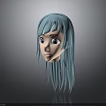 3D Human Head Model with Long Light Blue Hair and Detailed Facial Features