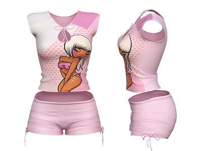Pink Cartoon Girl Print Sleeveless Top With Bow Detail And Drawstring Shorts Set 3d model