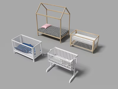 House Shaped Kids Bed With Wooden Frame Striped Mattress And White Cribs 3d model