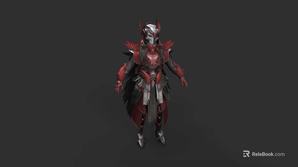 Game Movie Character in Red Black Battle Armor with Spiked Helmet and Wings 3d model 