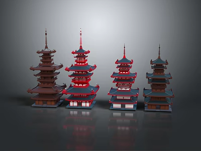 Traditional Chinese Multi Story Pagodas With Symmetrical Design And Colorful Roofs 3d model