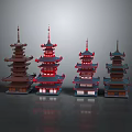 Traditional Chinese Multi Story Pagodas With Symmetrical Design And Colorful Roofs
