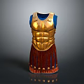 Golden Ancient Armor With Muscle Design Blue Lining Red Skirt And Decorative Patterns