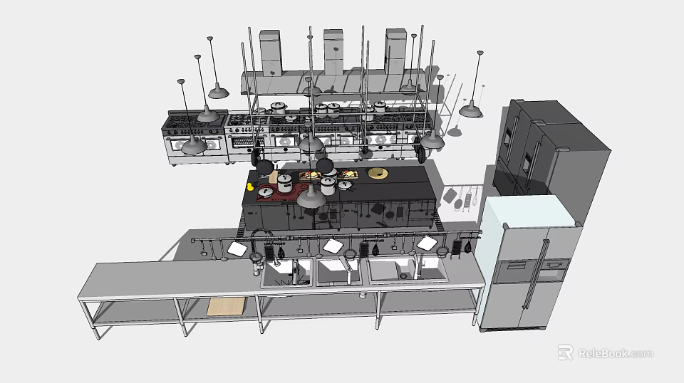 Practical Kitchen Layout Featuring Various Appliances Refrigerator Stove Range Hoods And Worktables 3d model 