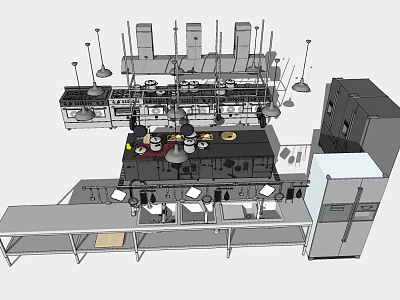 Practical Kitchen Layout Featuring Various Appliances Refrigerator Stove Range Hoods And Worktables 3d model