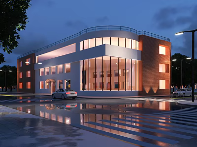 Modern Industrial Factory Building With Red Brick Exterior Large Glass Windows And Night Reflections 3d model