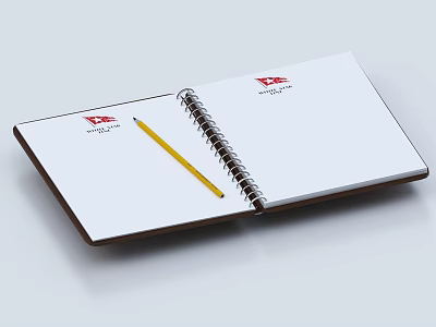 Open Spiral Notebook with Red Logo on Cover and Yellow Pencil on Blank Pages 3d model