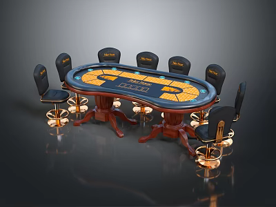 Round Wooden Poker Entertainment Table With Black Chairs Golden Legs And Colorful Felt Surface 3d model