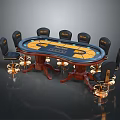 Round Wooden Poker Entertainment Table With Black Chairs Golden Legs And Colorful Felt Surface