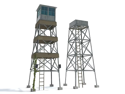 Two Metal Observation Towers With Steel Frames Multiple Platforms Ladders Observation Cabin And Vines 3d model