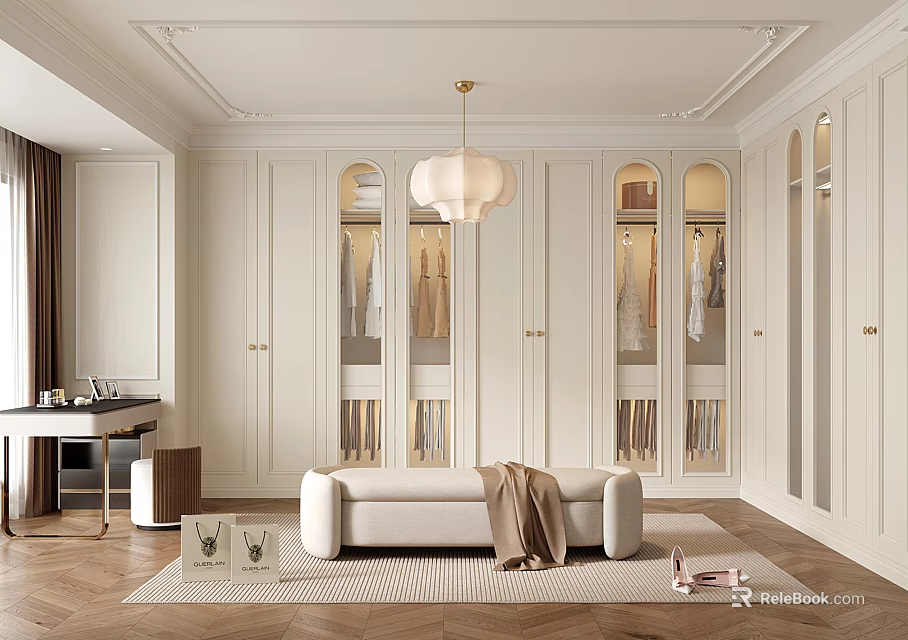 Elegant Modern Walk in Closet Interior Design With White Cabinets Chandelier Bench And Mirrors 3d model 