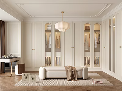Elegant Modern Walk in Closet Interior Design With White Cabinets Chandelier Bench And Mirrors 3d model