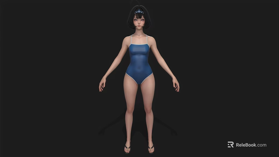 Woman Wearing Blue One Piece Swimsuit with Short Hair Sunglasses and Sandals on Black Background 3d model 