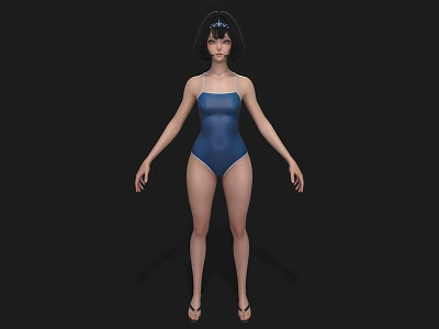 Woman Wearing Blue One Piece Swimsuit with Short Hair Sunglasses and Sandals on Black Background 3d model