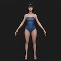 Woman Wearing Blue One Piece Swimsuit with Short Hair Sunglasses and Sandals on Black Background