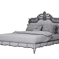 Classic European Style Double Bed With Ornate Carved Headboard Light Colored Bedding And Patterned Details