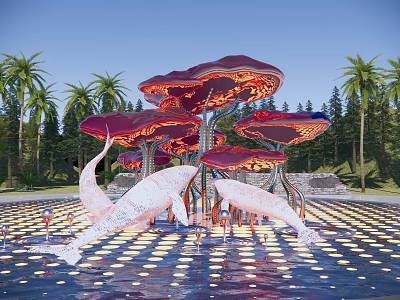 White Marble Whale Sculptures In Water With Illuminated Mushroom Canopies And Palm Trees 3d model