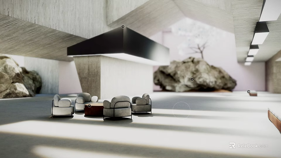 Modern Exhibition Hall Interior With Grey Sofas Black Ceiling And Rock Decoration Lighting Effects 3d model 