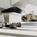 Modern Exhibition Hall Interior With Grey Sofas Black Ceiling And Rock Decoration Lighting Effects 3d model