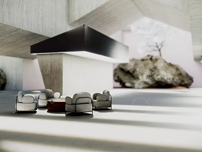 Modern Exhibition Hall Interior With Grey Sofas Black Ceiling And Rock Decoration Lighting Effects 3d model