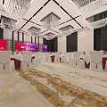 Elegant Banquet Hall Interior With White Chairs Red Sashes Chandeliers And Marble Floor