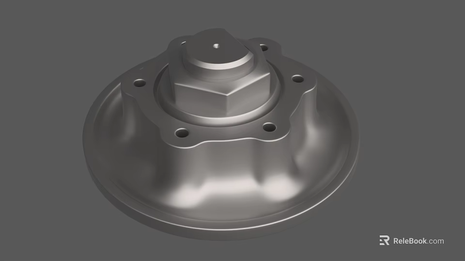 Silver Metal Mechanical Part With Circular Base Hexagonal Nut And Holes 3d model 