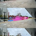Vibrant Commercial Street With Modern Shops Paved Square Outdoor Seating And High Rise Buildings