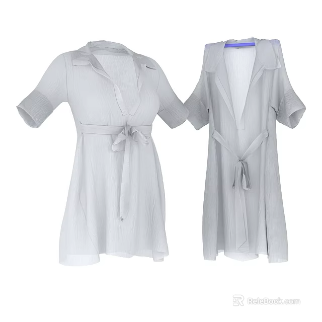 Gray Short Sleeve Dresses With Belted Waist And Lapel Collar In Long Short Styles 3d model 