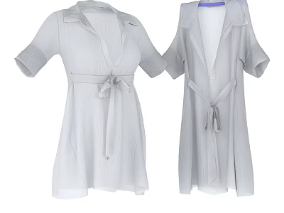 Gray Short Sleeve Dresses With Belted Waist And Lapel Collar In Long Short Styles 3d model