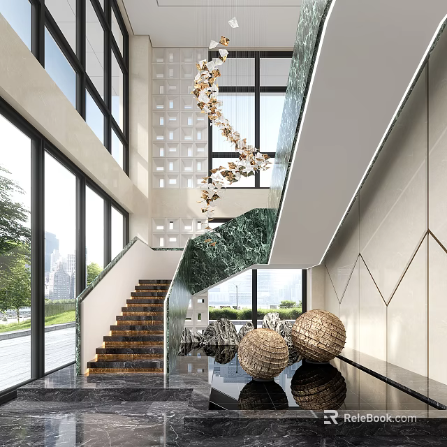 Modern Staircase Design With Wooden Steps Hanging Pendant Lights And Large Windows In Bright Interior 3d model 