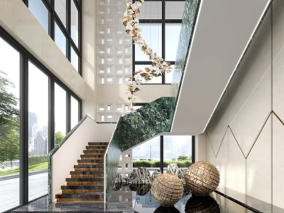 Modern Staircase Design With Wooden Steps Hanging Pendant Lights And Large Windows In Bright Interior 3d model