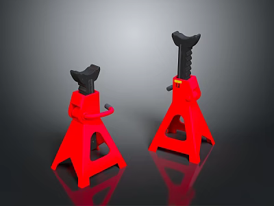 Pair Of Red Jack Stands With Black Top And Tripod Base On Dark Reflective Surface 3d model