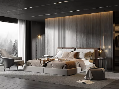 Modern Bedroom Interior With Wooden Accent Wall King Size Bed And Floor To Ceiling Window 3d model