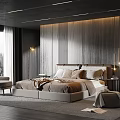 Modern Bedroom Interior With Wooden Accent Wall King Size Bed And Floor To Ceiling Window