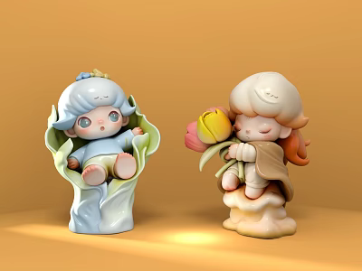 Two Adorable Decorative Dolls Blue In Leaf Structure And Beige Holding Tulip On Orange Background 3d model